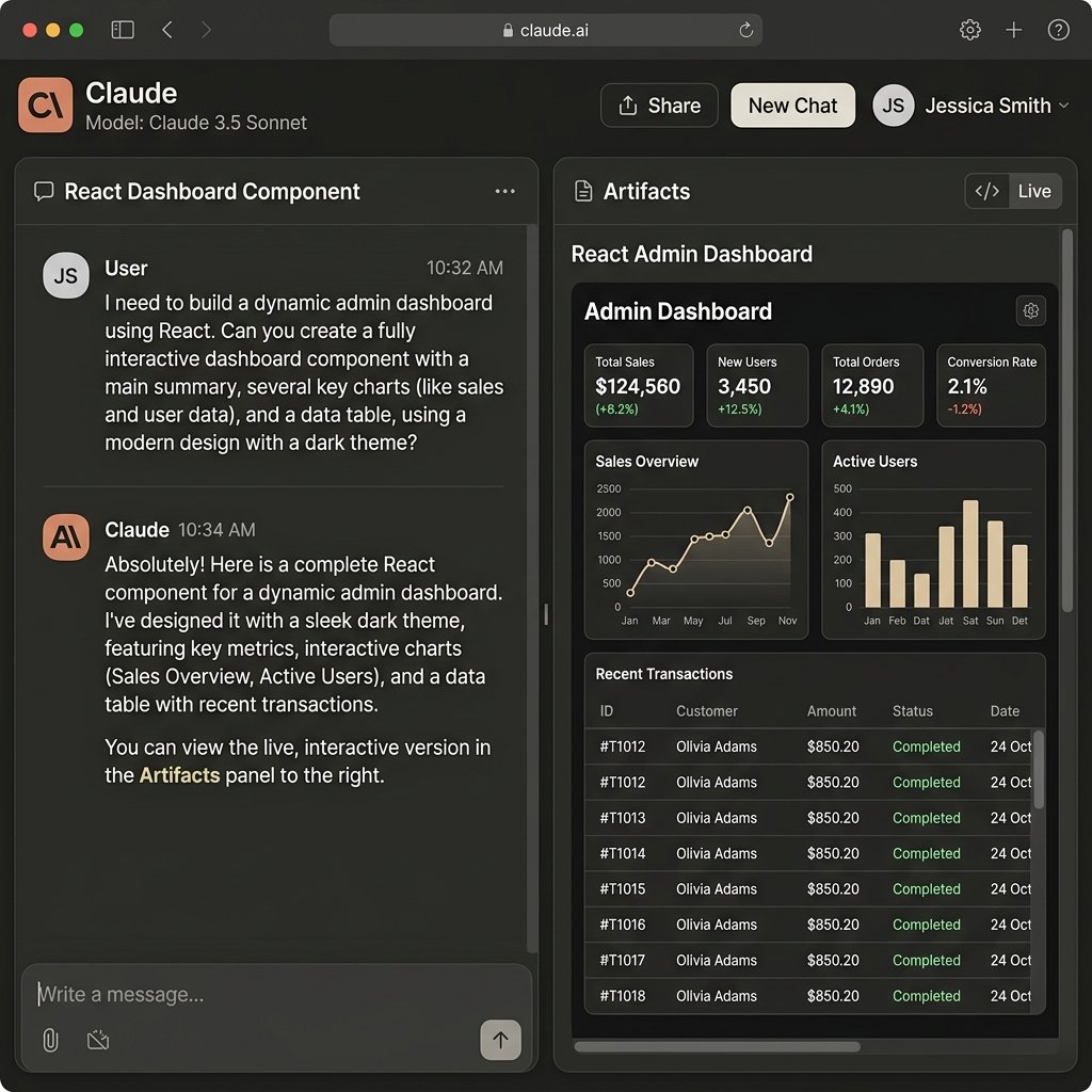 Anthropic Claude interactive Artifacts side-panel rendering a dashboard