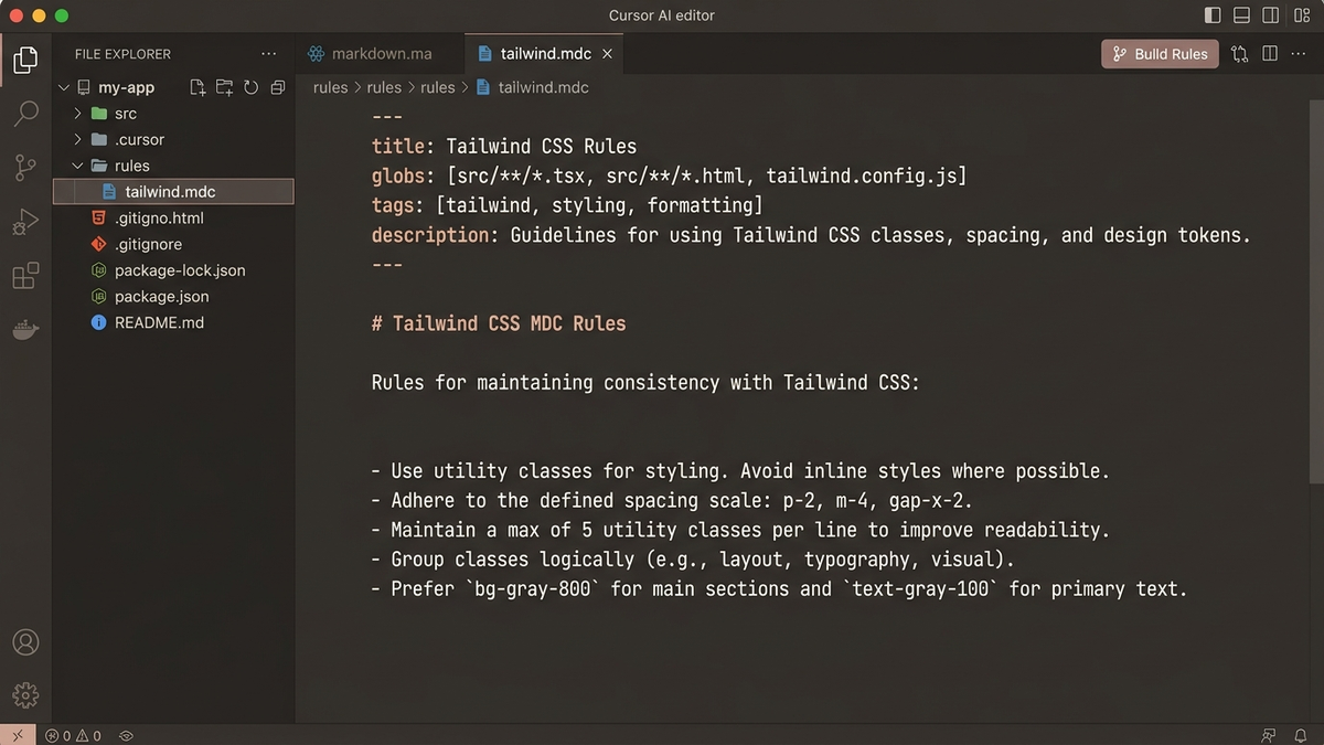Cursor rules configuration interface editing modular MDC rule files